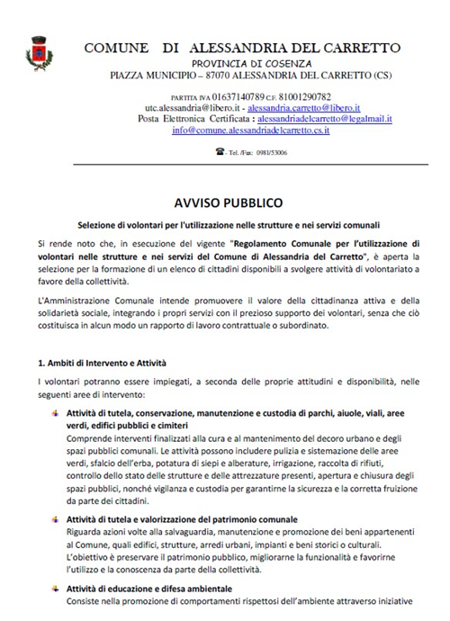 Selezione di volontari per l'utilizzazione nelle strutture e nei servizi comunali
